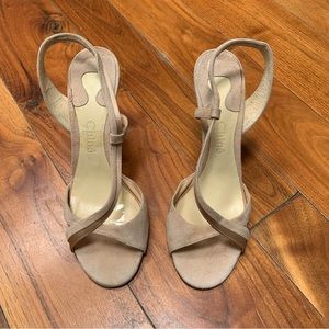 Chloe Strappy Slingback Stilleto Sandals in Tan / Nude Suede 7.5